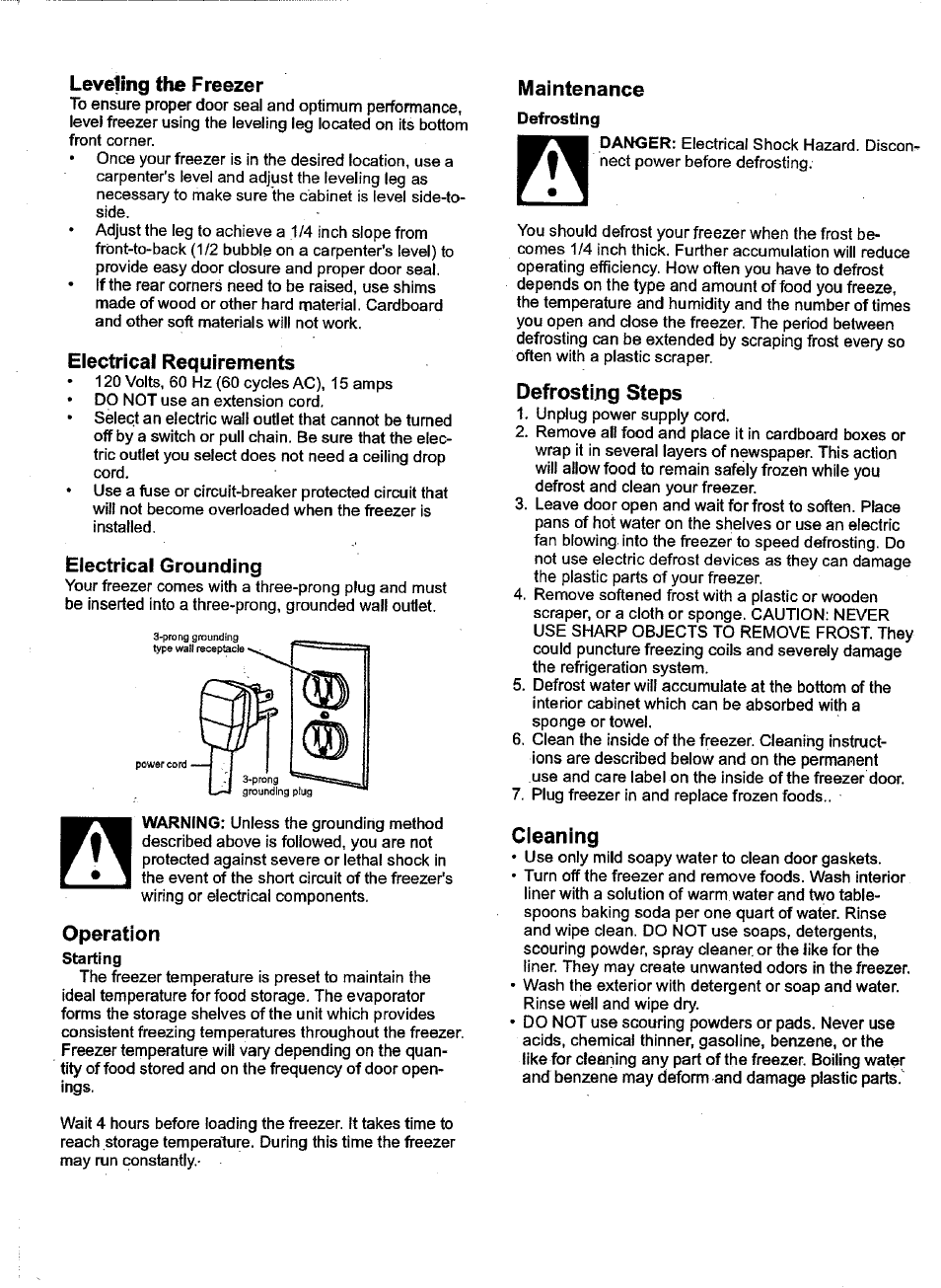 Leveling the freezer, Electrical requirements, Electrical grounding | Operation, Starting, Maintenance, Defrostijng steps, Cleaning | Kenmore 28702 User Manual | Page 2 / 6