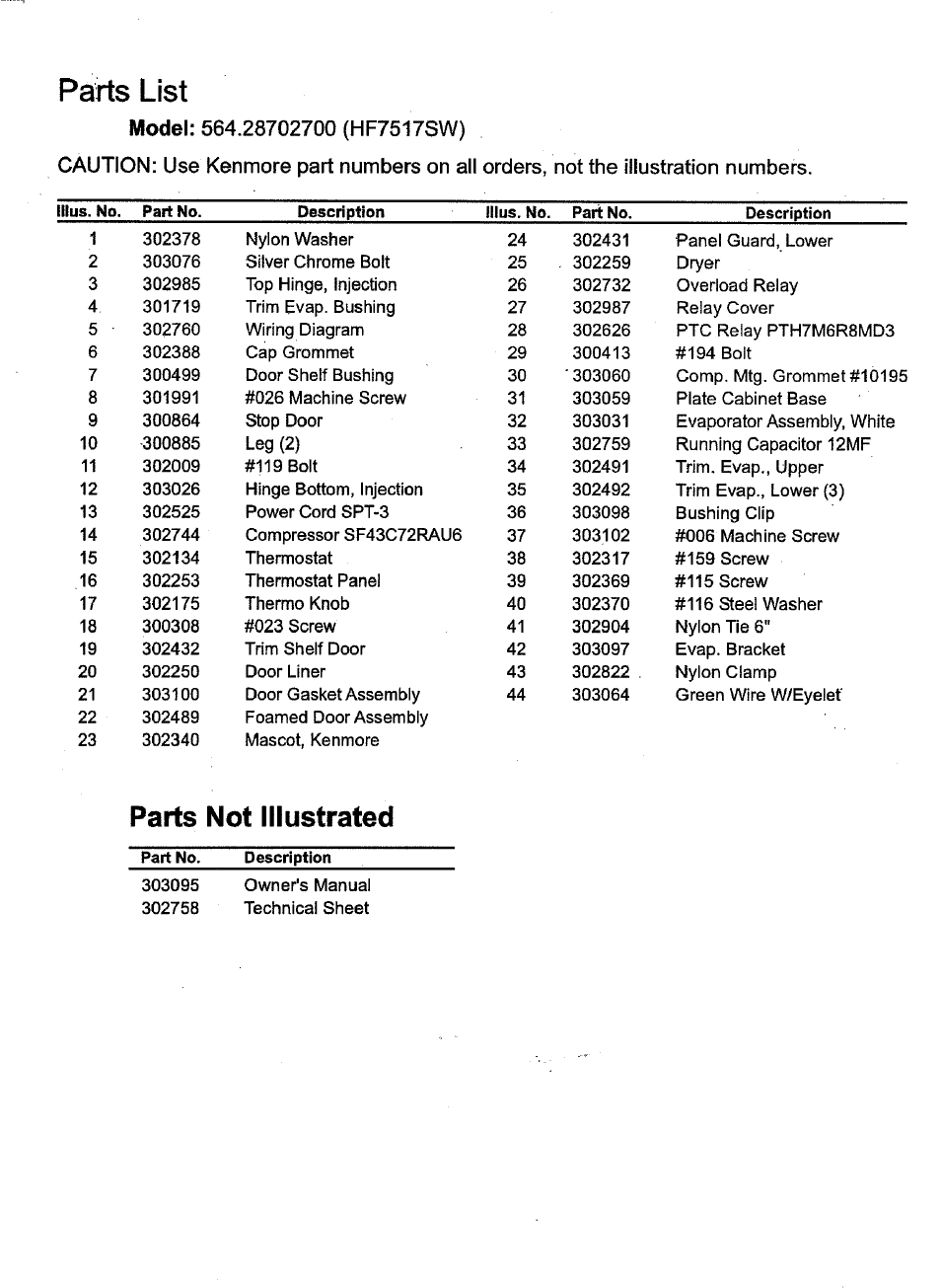 Model: 564.28702700 (hf7517sw), Parts not illustrated, Parts list | Model | Kenmore 28702 User Manual | Page 4 / 6