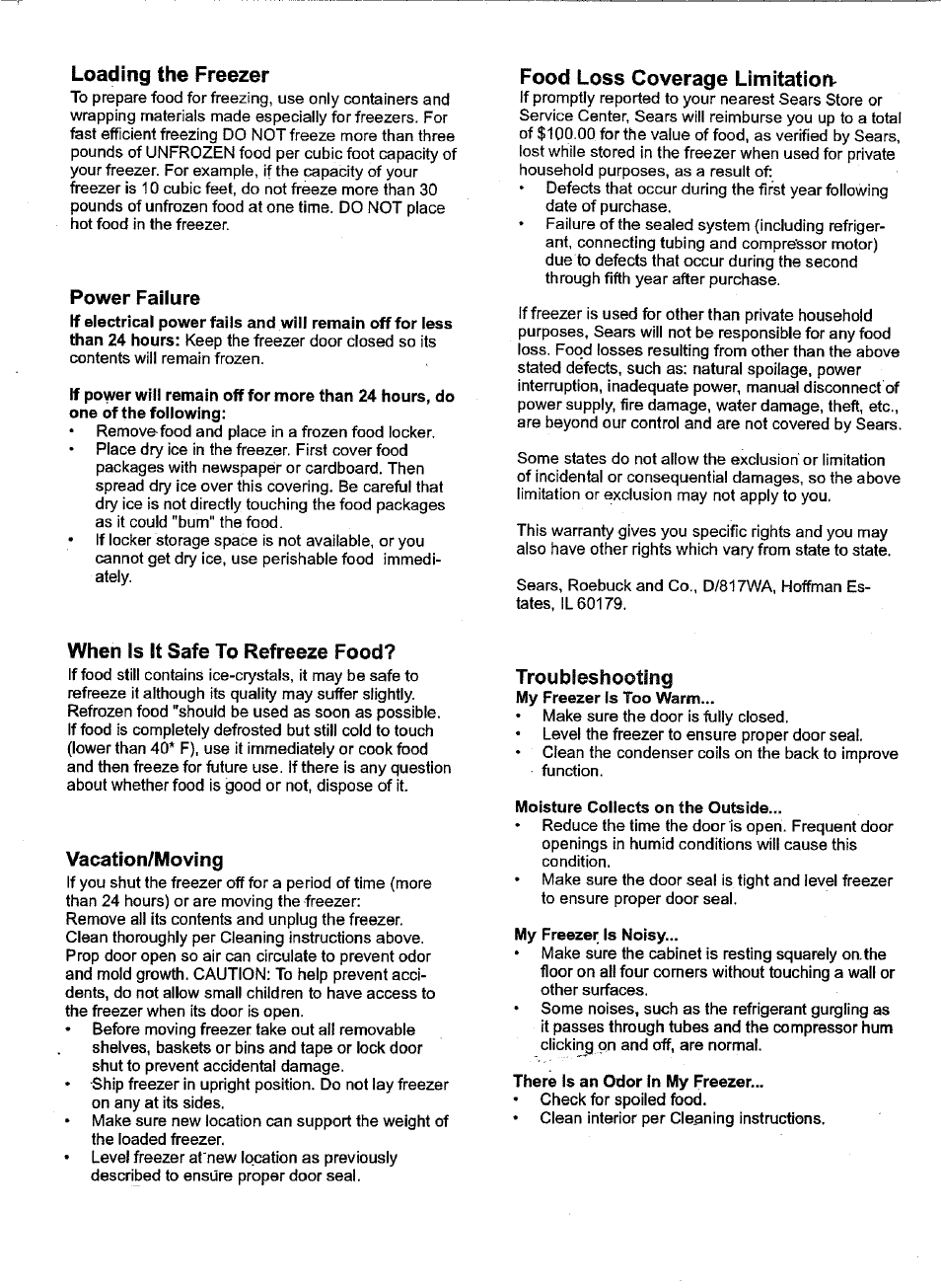 Loading the freezer, Power failure, Food loss coverage limitatiori | When is it safe to refreeze food, Vacation/moving, Troubleshooting, Moisture collects on the outside, My freezer is noisy, There is an odor in my freezer | Kenmore 28702 User Manual | Page 5 / 6