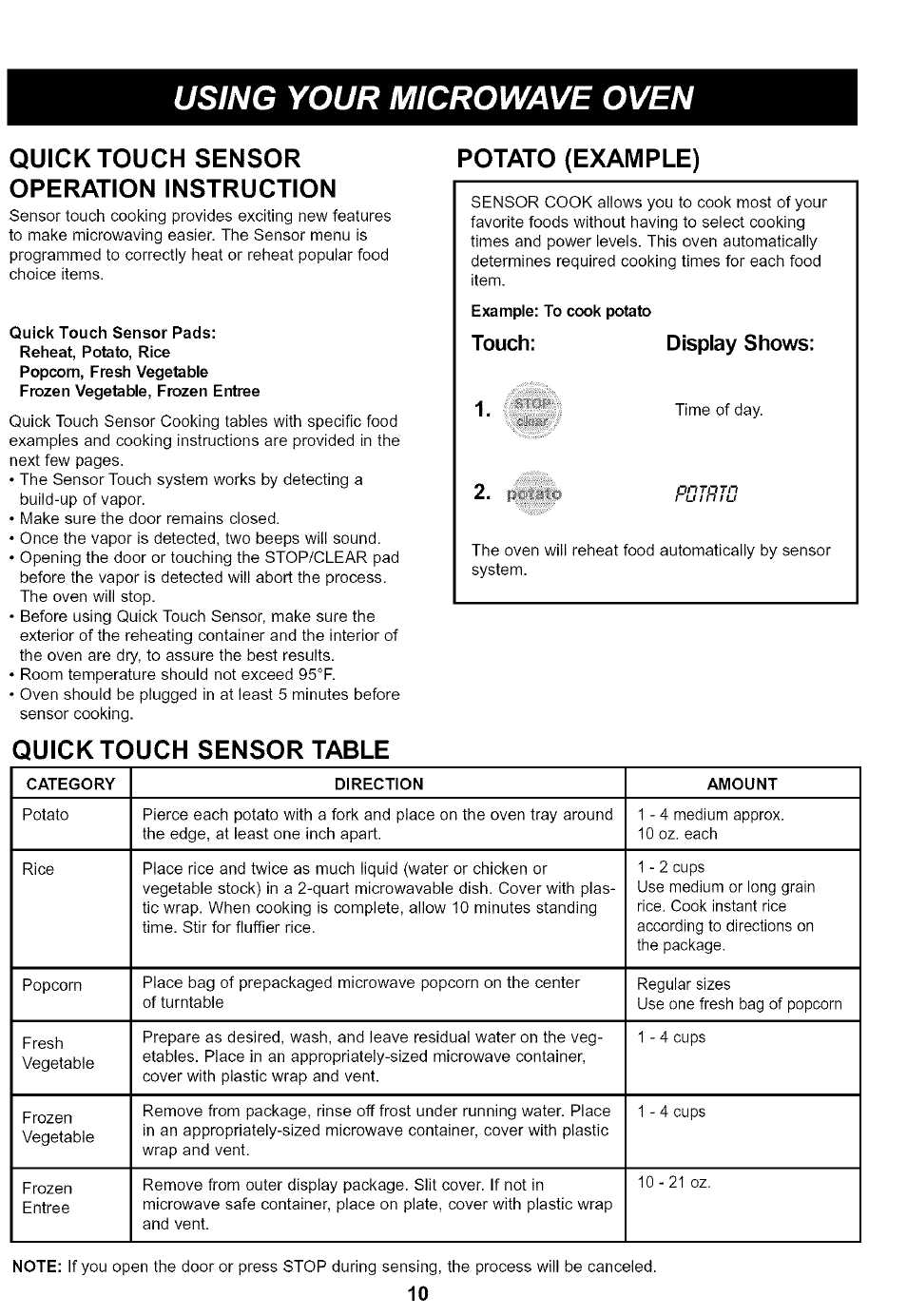 Quick touch sensor operation instruction, Quick touch sensor table, Potato (example) | Touch: display shows, Using your microwave oven, Quick touch sensor table potato (example) | Kenmore 721.65222 User Manual | Page 10 / 21