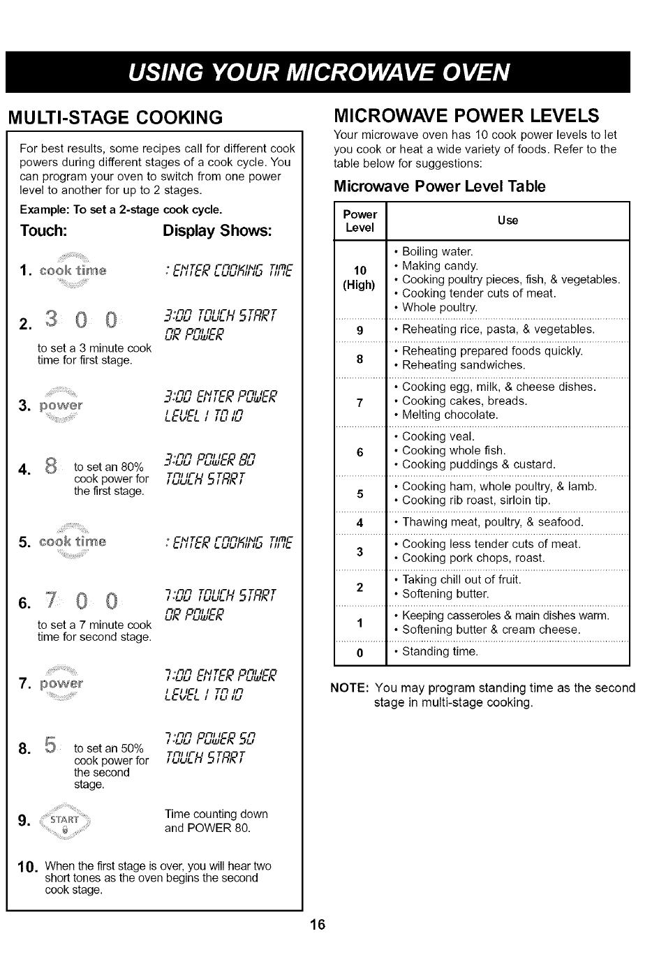 Multi-stage cooking, Microwave power levels, Using your microwave oven | Touch: display shows, Microwave power level table, Or pullhr, 1 ^uu tulilh stñrj, Cook time, Power | Kenmore 721.65222 User Manual | Page 16 / 21