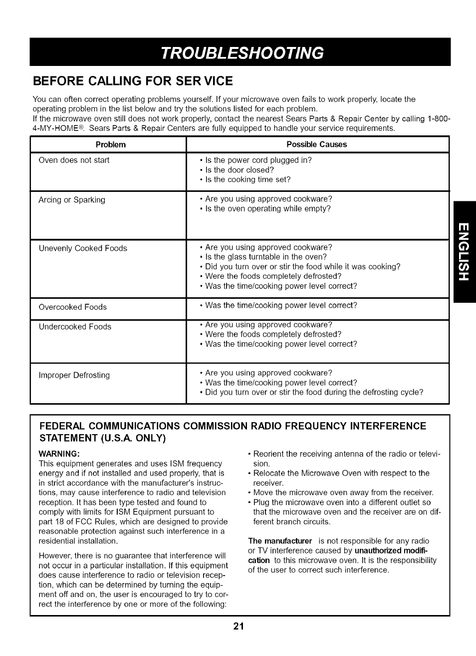 Before calling for service, Troubleshooting | Kenmore 721.65222 User Manual | Page 21 / 21