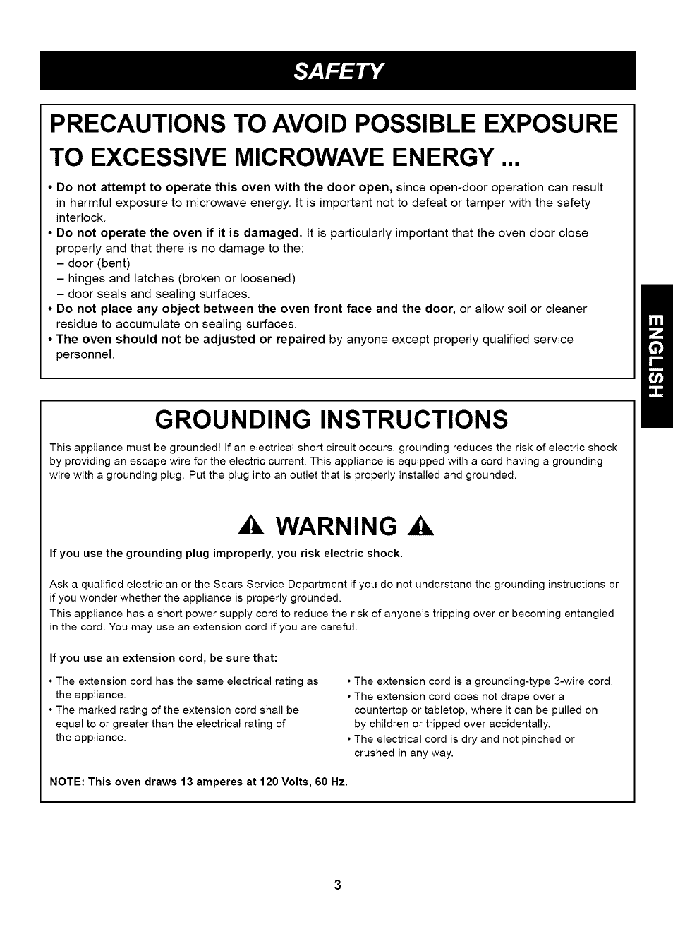 Grounding instructions, A warning a, Warning | Kenmore 721.65222 User Manual | Page 3 / 21