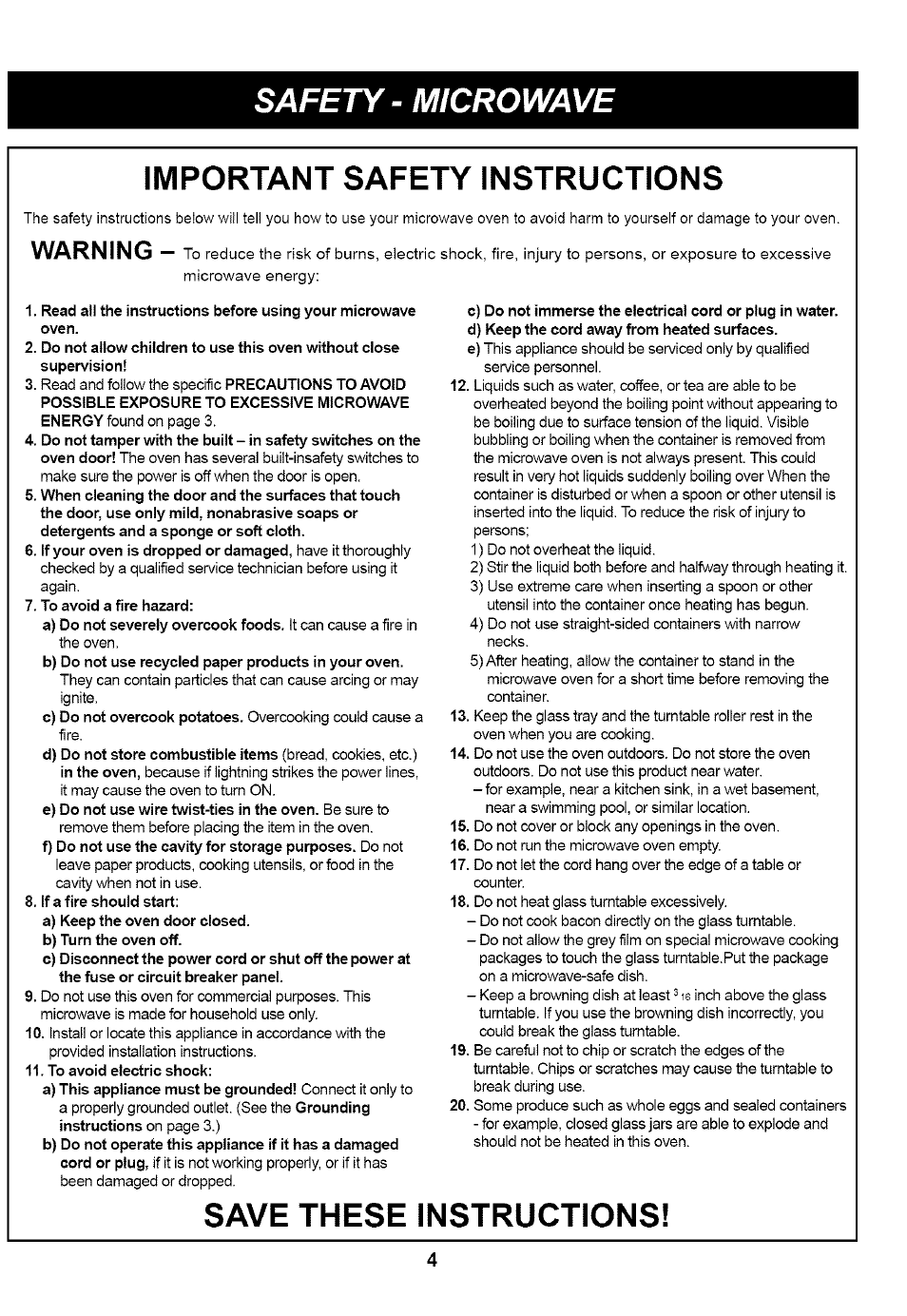 Important safety instructions, Save these instructions, Safety - microwave important safety instructions | Warning | Kenmore 721.65222 User Manual | Page 4 / 21