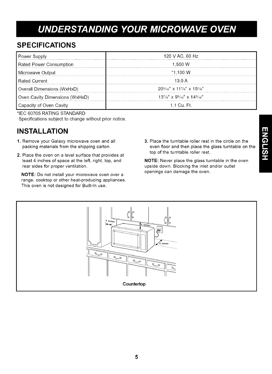 Specifications, Installation, Understanding your microwave oven | Kenmore 721.65222 User Manual | Page 5 / 21