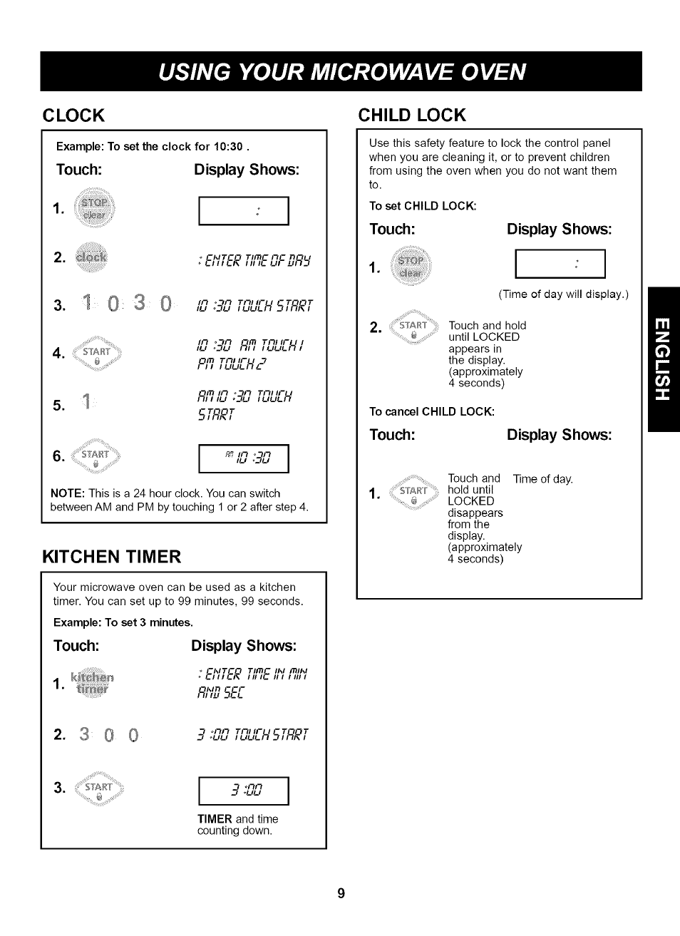 Clock, Touch, Display shows | Kitchen timer, Touch: display shows, Child lock, Using your microwave oven, Touch: display shows: 1, Touch: 1 | Kenmore 721.65222 User Manual | Page 9 / 21