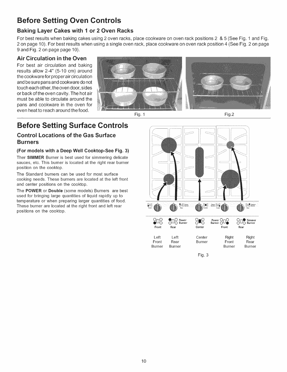 Air circulation in the oven, Control locations of the gas surface burners, Before setting oven controls | Before setting surface controls, Baking layer cakes with 1 or 2 oven racks | Kenmore 790.7754 User Manual | Page 10 / 44