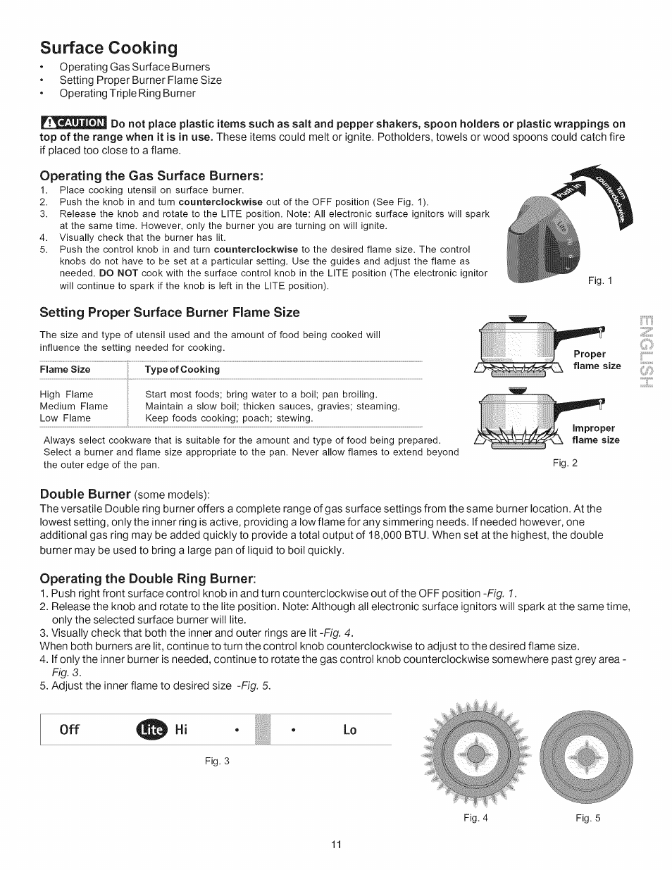 Surface cooking, I^caution, Operating the gas surface burners | Setting proper surface burner flame size, Operating the double ring burner, Surface cooking -12, Double burner | Kenmore 790.7754 User Manual | Page 11 / 44