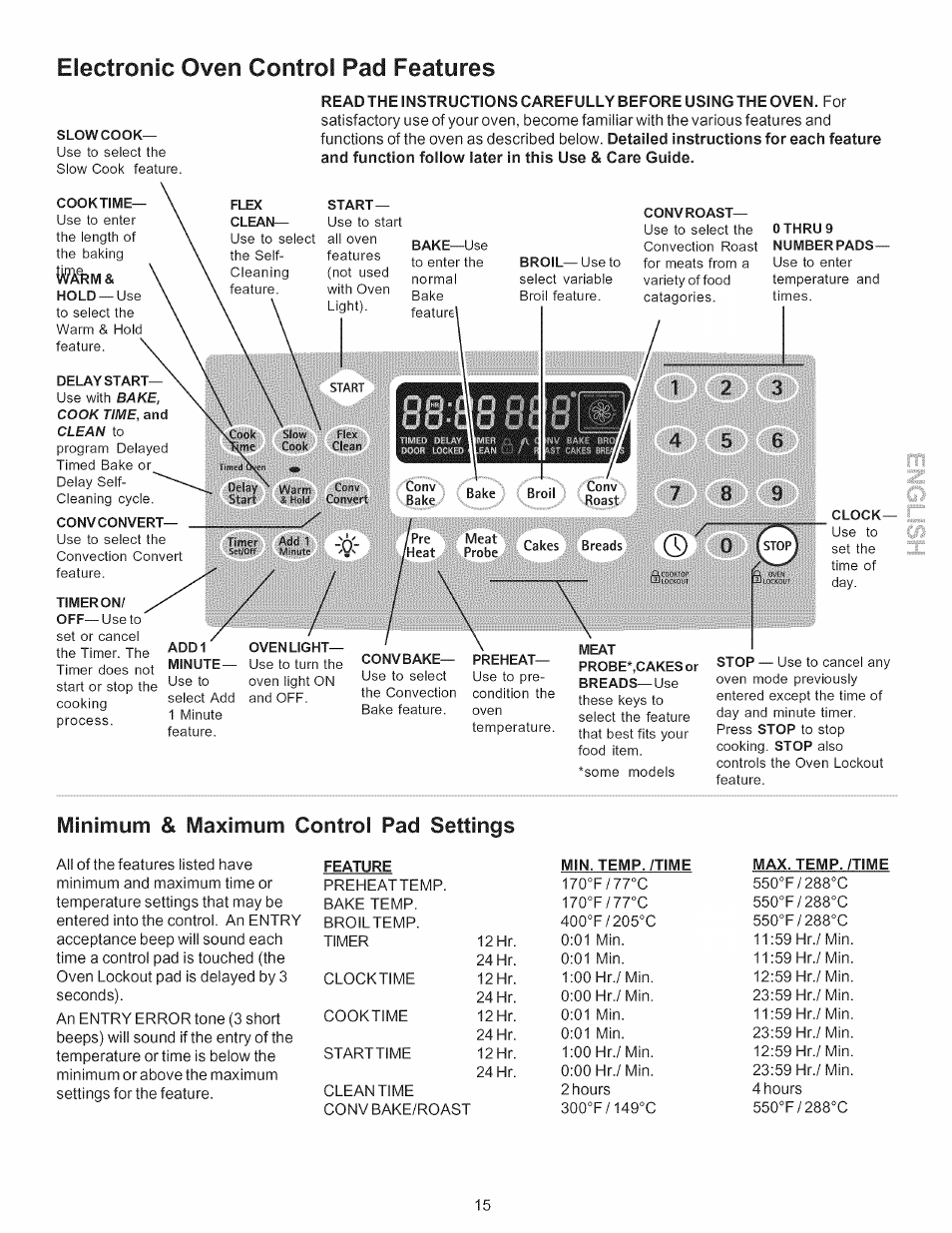 Electronic oven control pad features, Minimum & maximum control pad settings, Eiectronic oven controi pad features | Minimum & maximum controi pad settings | Kenmore 790.7754 User Manual | Page 15 / 44