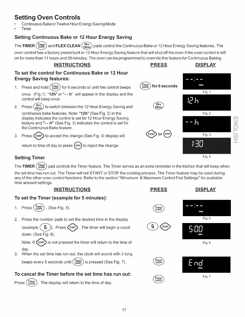 Setting oven controls, Instructions, Setting timer | To set the timer (example for 5 minutes), Setting cook time, Setting convection roast | Kenmore 790.7754 User Manual | Page 17 / 44