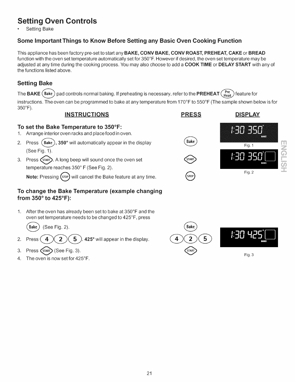 Setting bake, Instructions, To set the bake temperature to 350°f | Setting oven controls | Kenmore 790.7754 User Manual | Page 21 / 44