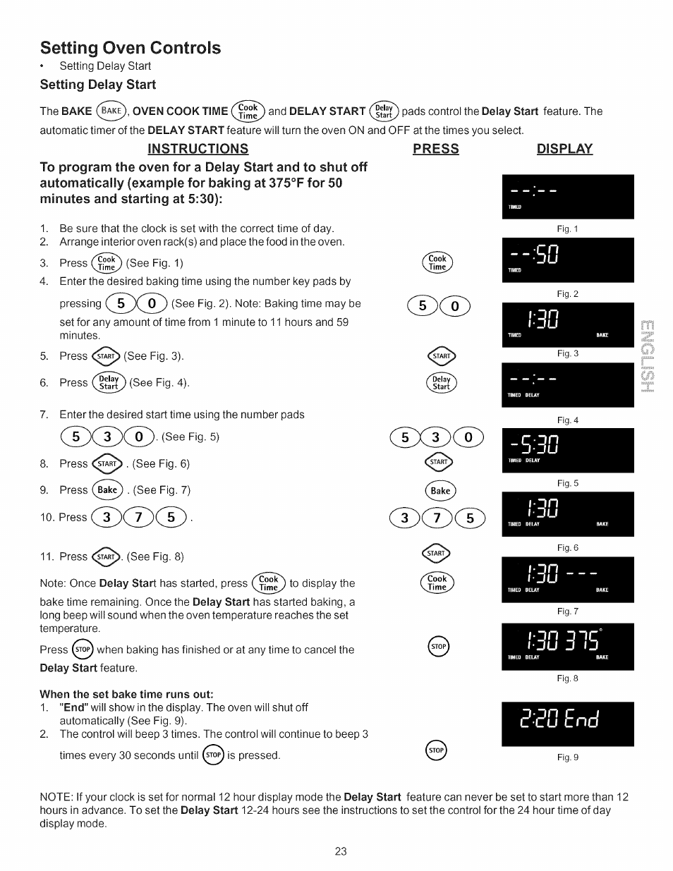 Instructions, When the set bake time runs out, Press | Display, L-dn, Setting oven controls, Dcdco), Ijn iju, I j u, I j n | Kenmore 790.7754 User Manual | Page 23 / 44