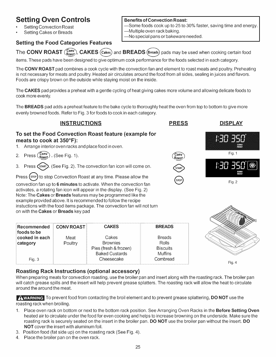 Setting the food categories features, Instructions, Press | Display, Conv roast, Cakes, Breads, Roasting rack instructions (optional accessory), Setting oven controls, D c n | Kenmore 790.7754 User Manual | Page 25 / 44