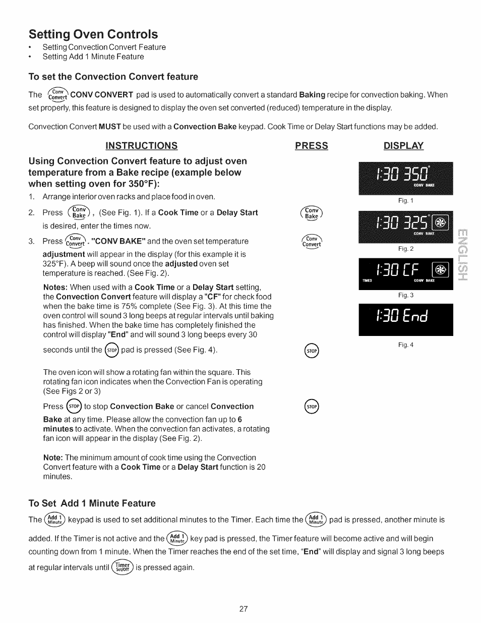 Setting oven controls, Instructions, Press | Display, To set add 1 minute feature, Setting add 1 minute feature, 30 en, N rc | Kenmore 790.7754 User Manual | Page 27 / 44