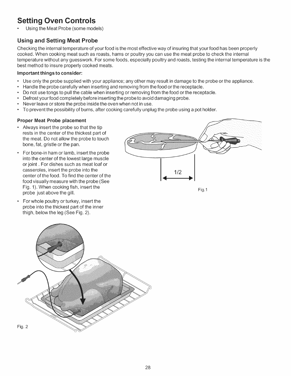 Setting oven controls, Proper meat probe placement | Kenmore 790.7754 User Manual | Page 28 / 44