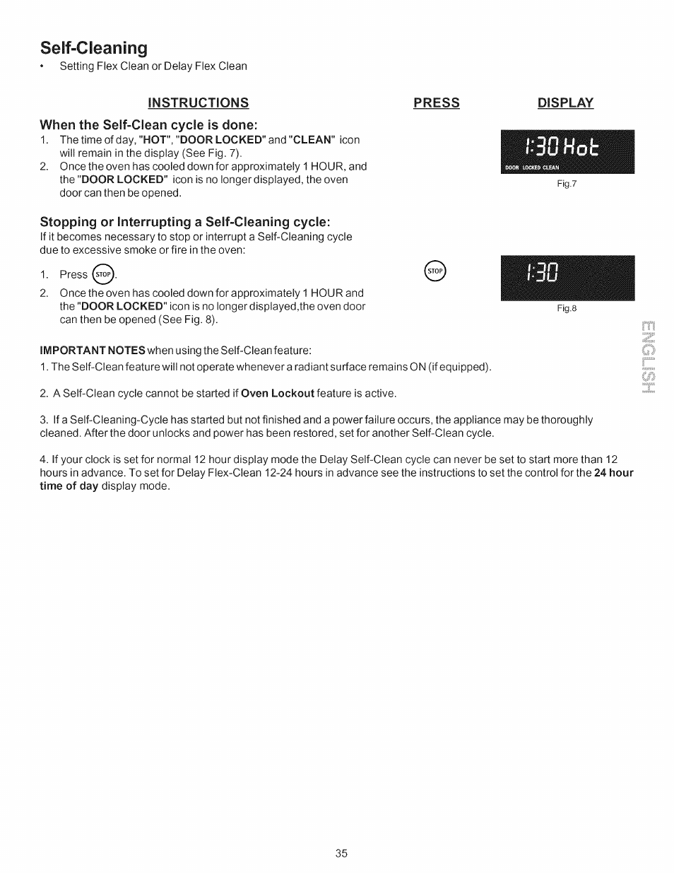 Seif-cleaning, Press, Display | Stopping or interrupting a self-cleaning cycle, 30 hot | Kenmore 790.7754 User Manual | Page 35 / 44