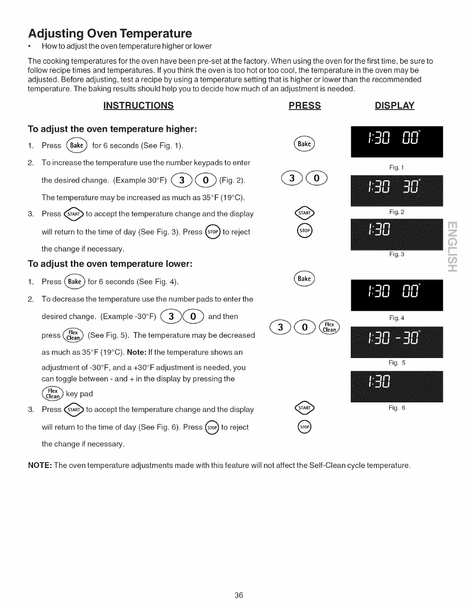 Adjusting oven temperature, Instructions, Press | Display, To adjust the oven temperature higher, To adjust the oven temperature lower | Kenmore 790.7754 User Manual | Page 36 / 44