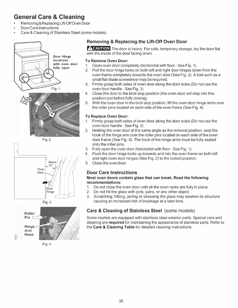 Removing & replacing the lift-off oven door, Caution, To remove oven door | To replace oven door, Door care instructions, Care & cleaning of stainless steel (some models), Generai care & cleaning | Kenmore 790.7754 User Manual | Page 38 / 44