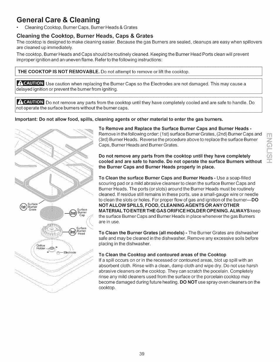 General care & cleaning, Cleaning the cooktop, burner heads, caps & grates, Ikcaution | Acaution, General care & cleaning -39 | Kenmore 790.7754 User Manual | Page 39 / 44