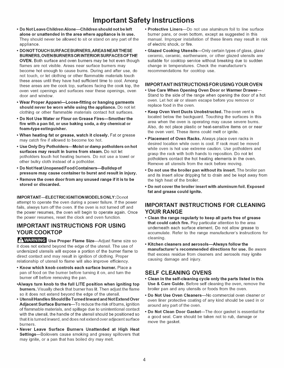 Important instructions for using your cooktop, Important instructions for using your oven, Important instructions for cleaning your range | Self cleaning ovens, Important safety instructions | Kenmore 790.7754 User Manual | Page 4 / 44