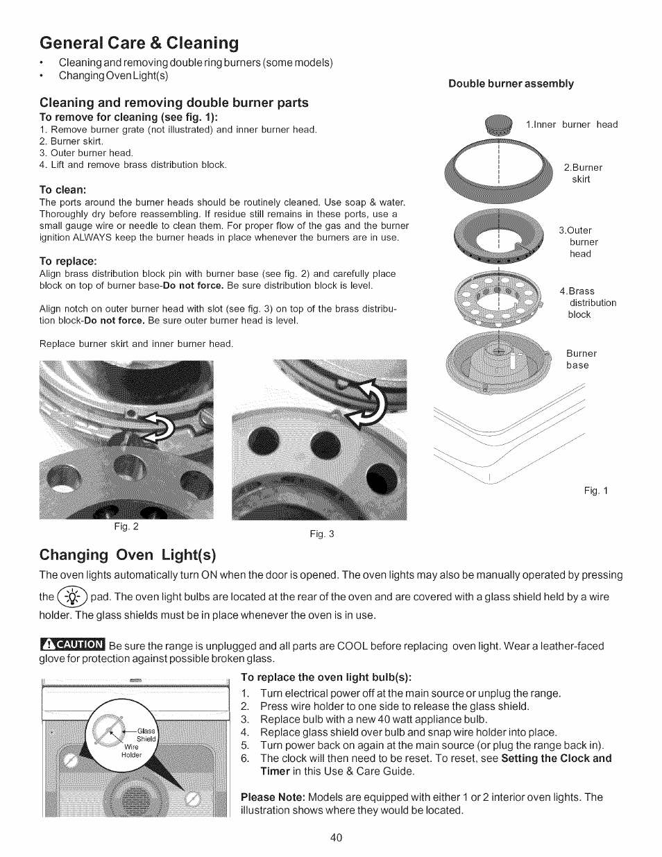 Cleaning and removing double burner parts, To clean, To replace | Double burner assembly, Changing oven light(s), Generai care & cleaning | Kenmore 790.7754 User Manual | Page 40 / 44