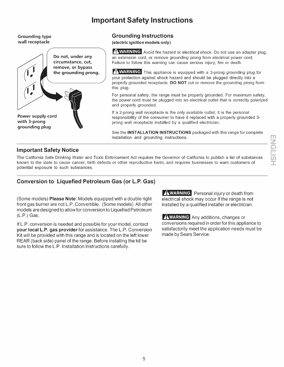 Important safety notice, Important safety instructions, Grounding instructions | Kenmore 790.7754 User Manual | Page 5 / 44