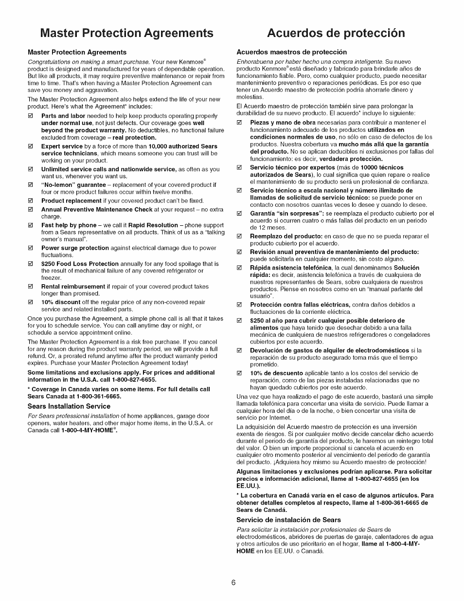 Master protection agreements, Sears installation service, Acuerdos maestros de protección | Servicio de instalación de sears | Kenmore 790.7754 User Manual | Page 6 / 44