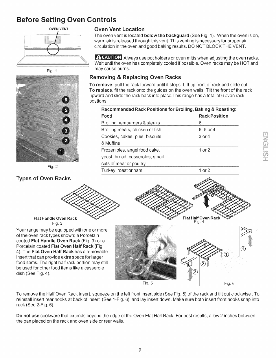 Oven vent location, Removing & replacing oven racks, Types of oven racks | Before setting oven controls | Kenmore 790.7754 User Manual | Page 9 / 44