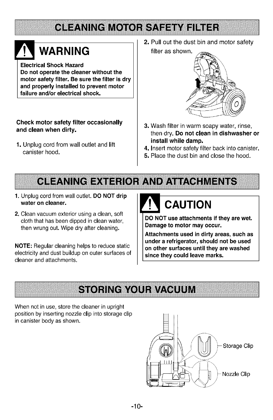 Cleaning motor safety filter, Cleaning exterior and attachments, Storing your vacuum | Warning, Caution | Kenmore 3828FI2852V User Manual | Page 10 / 24