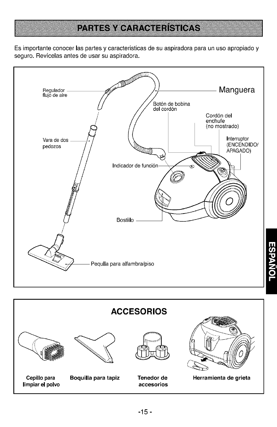 Partes y características, Manguera | Kenmore 3828FI2852V User Manual | Page 15 / 24