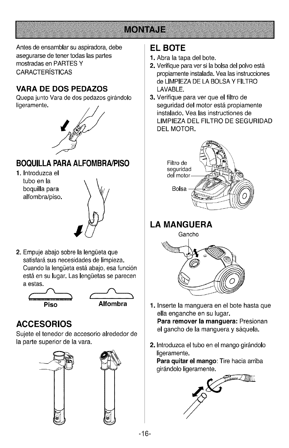 Montaje, Boquilu para alfombra/piso, Accesorios | El bote, La manguera, Vara de dos pedazos | Kenmore 3828FI2852V User Manual | Page 16 / 24