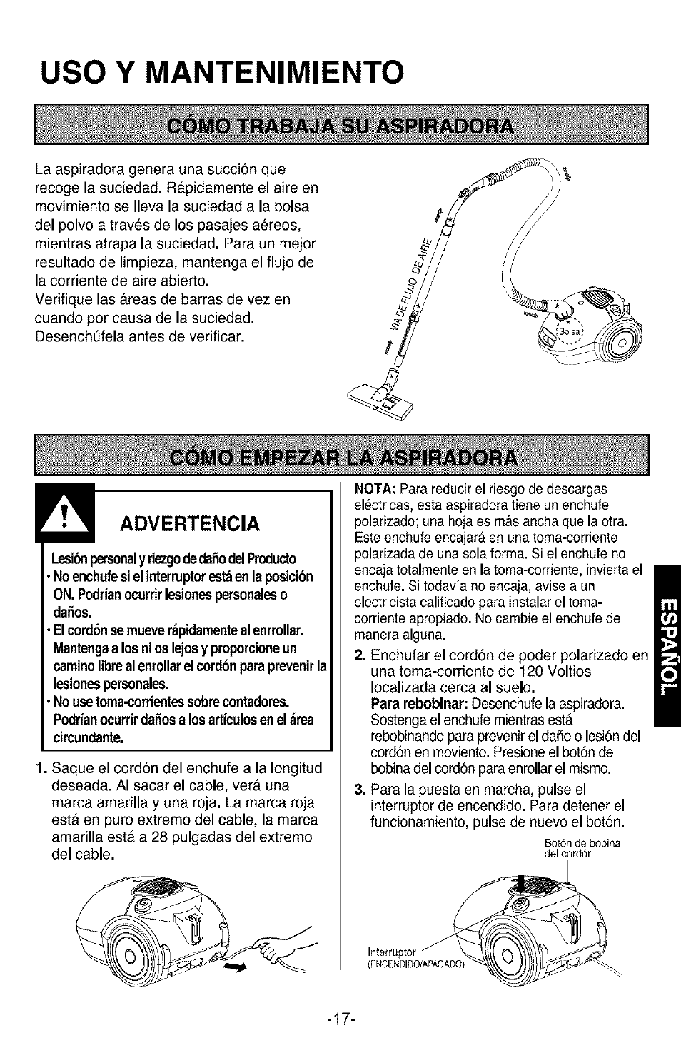 Como trabaja su aspiradora, Cómo empezar la aspiradora, Cómo trabaja su aspiradora | Y mantenimiento | Kenmore 3828FI2852V User Manual | Page 17 / 24