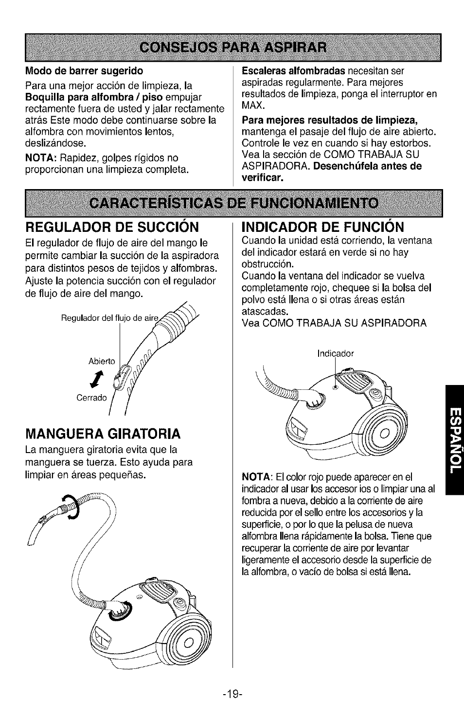 Manguera giratoria, Indicador de funcion, Consejos para aspirar | Kenmore 3828FI2852V User Manual | Page 19 / 24