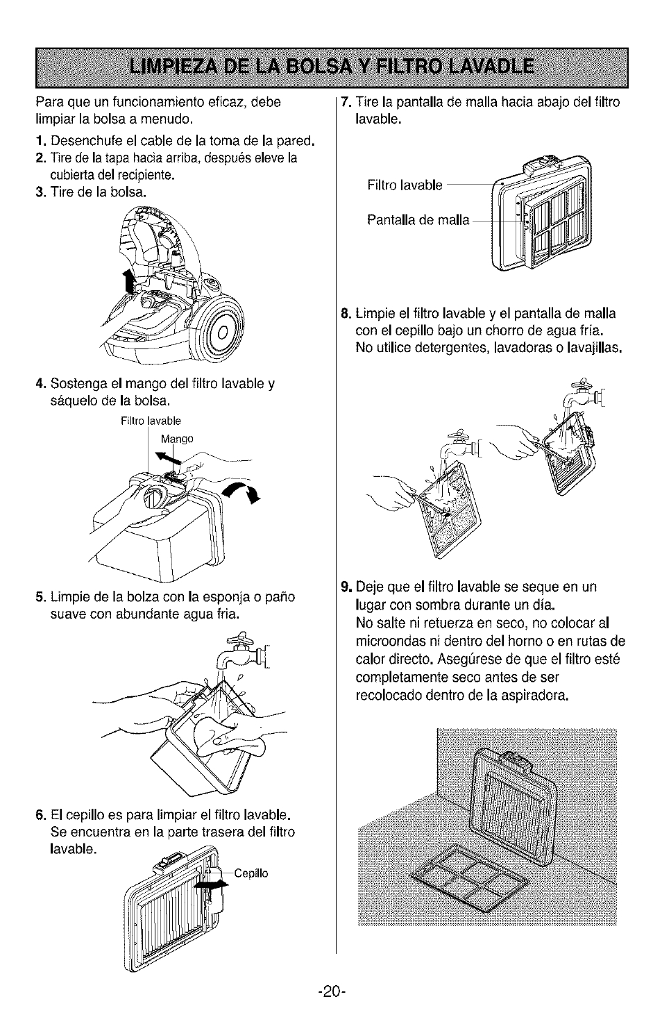 Limpieza de la bolsa y filtro lavadle, Instrucciones importantes de seguridad, Limpieza de la bolsa y filtro lavable | Kenmore 3828FI2852V User Manual | Page 20 / 24