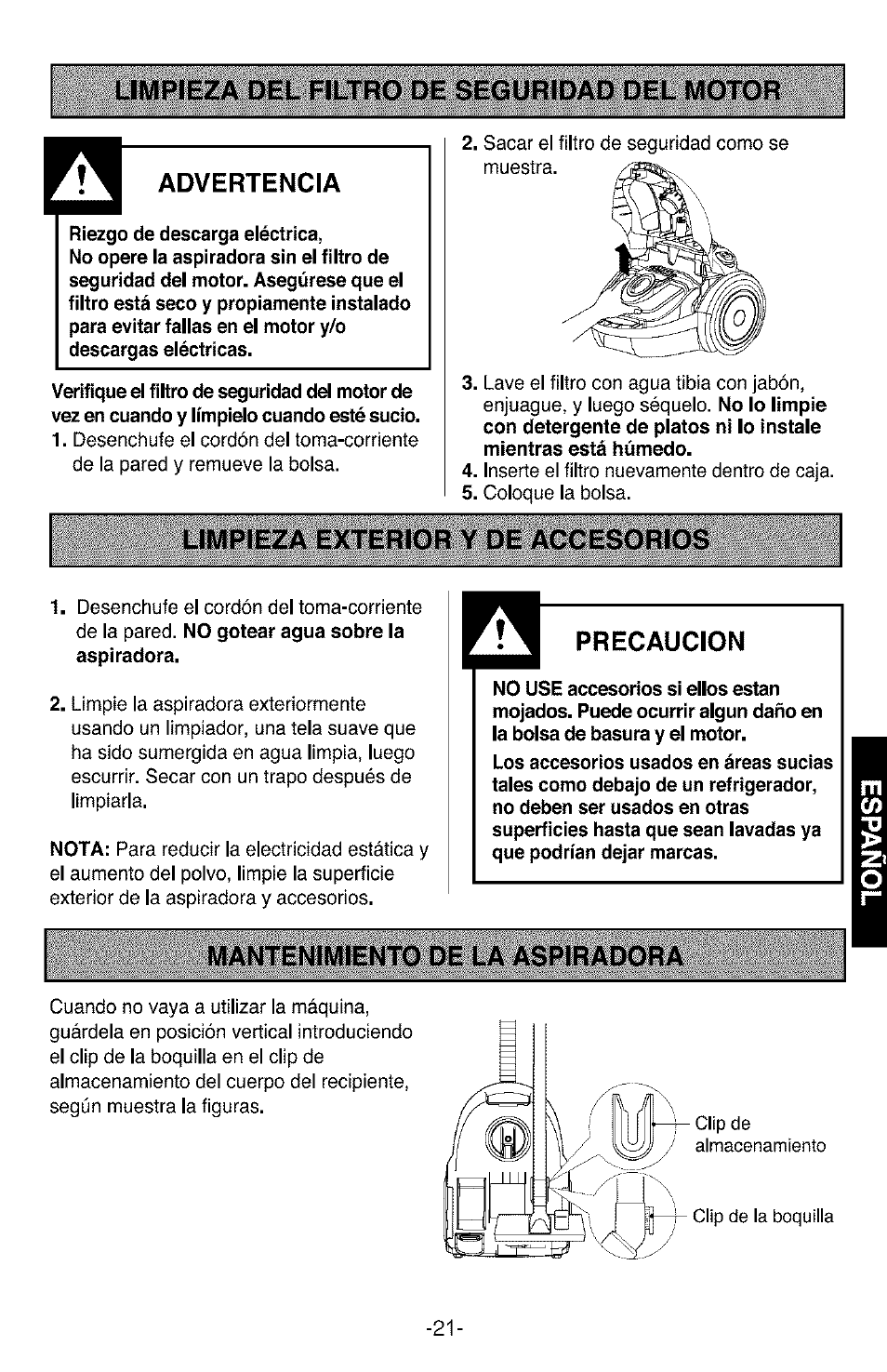 Limpieza del filtro de seguridad del motor, Advertencia, Limpieza exterior y de accesorios | Precaucion, Mantenimiento de la aspiradora | Kenmore 3828FI2852V User Manual | Page 21 / 24