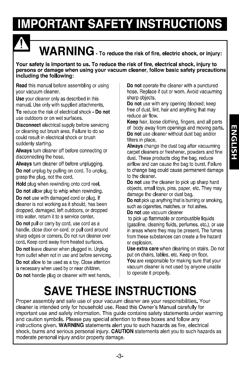 Save, Important safety instructions, Warning | These, Instructions | Kenmore 3828FI2852V User Manual | Page 3 / 24