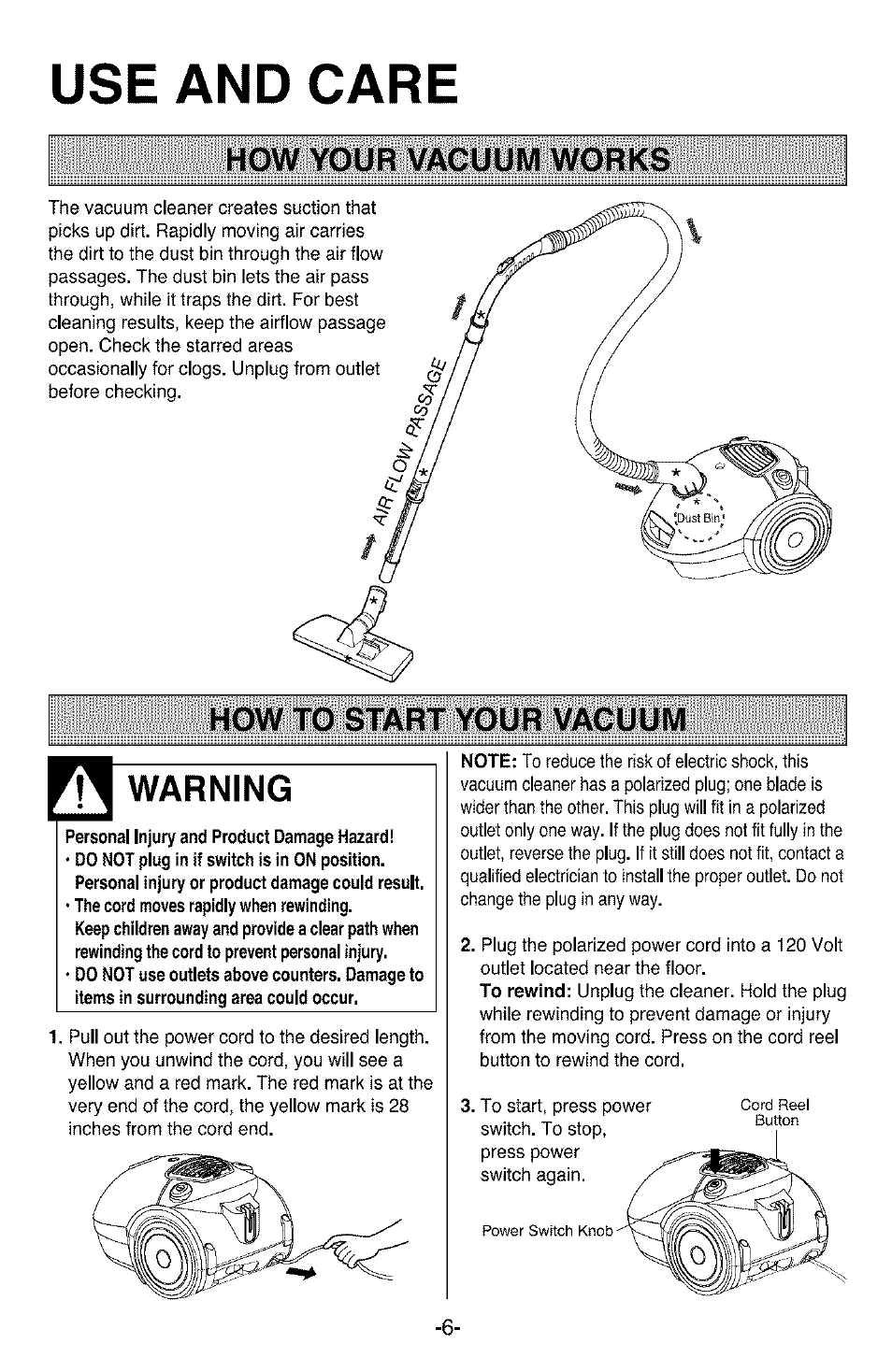 Use and care, How your vacuum works, How to start your vacuum | Kenmore 3828FI2852V User Manual | Page 6 / 24