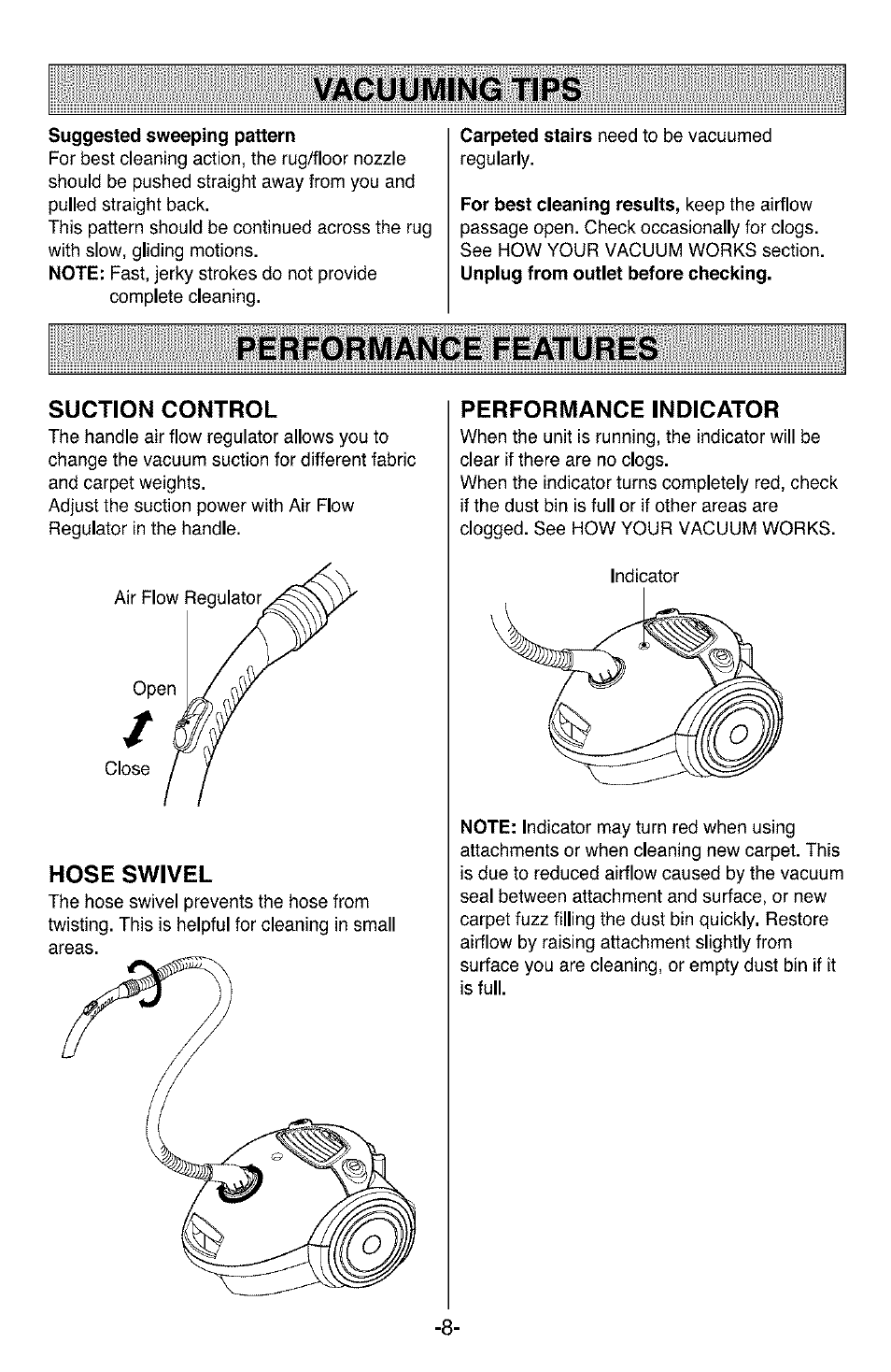 Vacuuming tips, Performance features | Kenmore 3828FI2852V User Manual | Page 8 / 24