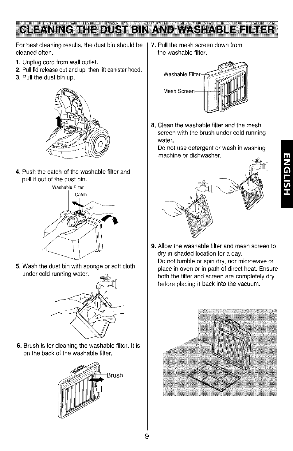 Cleaning the dust bin and washable filter | Kenmore 3828FI2852V User Manual | Page 9 / 24