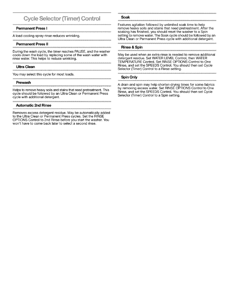 Soak, Permanent press i, Permanent press ii | Ultra clean, Prewash, Rinse a spin, Spin only, Automatic sid rinse | Kenmore 11025854400 User Manual | Page 2 / 4