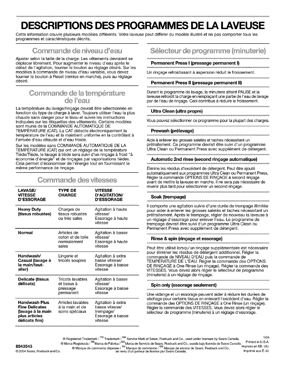 Permanent press ii (pressage permanent ii), Ultra clean (ultra propre), Prewash prélavage) | Automatic 2nd rinse (second rinçage automatique, Rinse & spin (rinçage et essorage), Spin only (essorage seuiement), Descriptions des programmes de la laveuse, De femu | Kenmore 11025854400 User Manual | Page 4 / 4