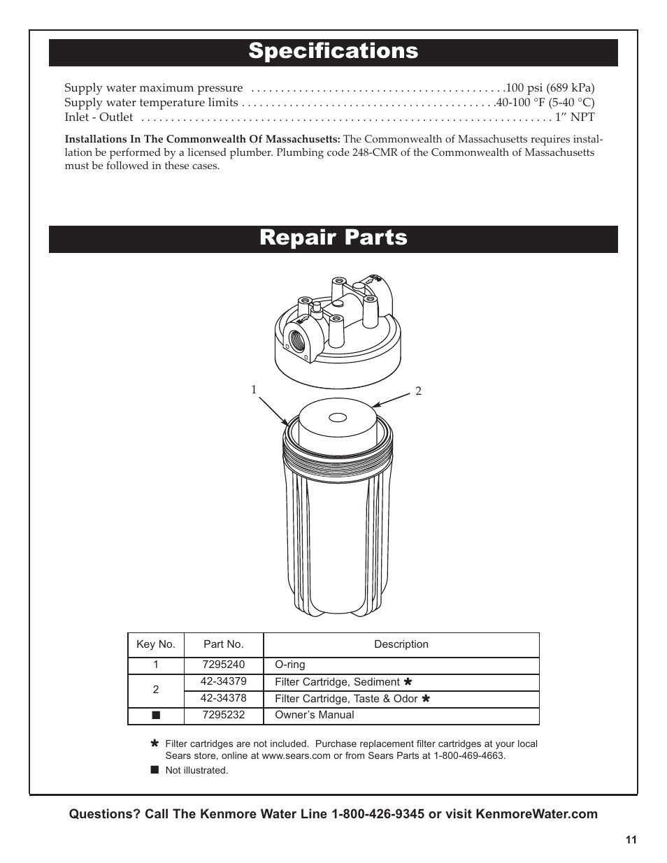 Repair parts specifications | Kenmore 625.38448 User Manual | Page 11 / 12