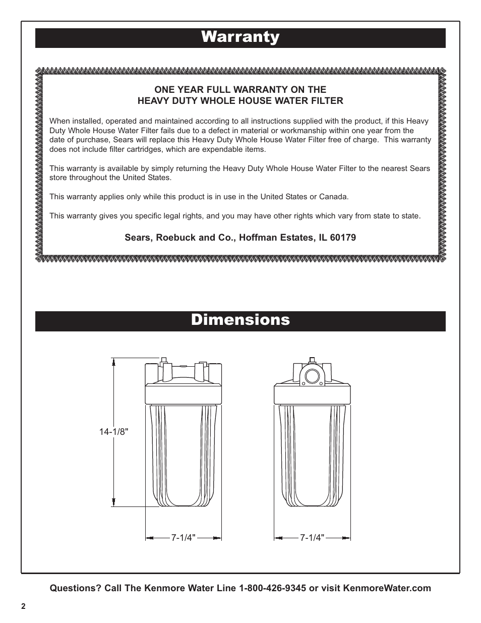 Dimensions warranty | Kenmore 625.38448 User Manual | Page 2 / 12