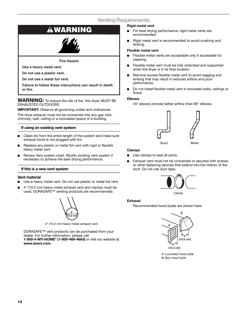 Venting requirements, Warning | Kenmore ELITE HE5 110.8708 User Manual | Page 14 / 56