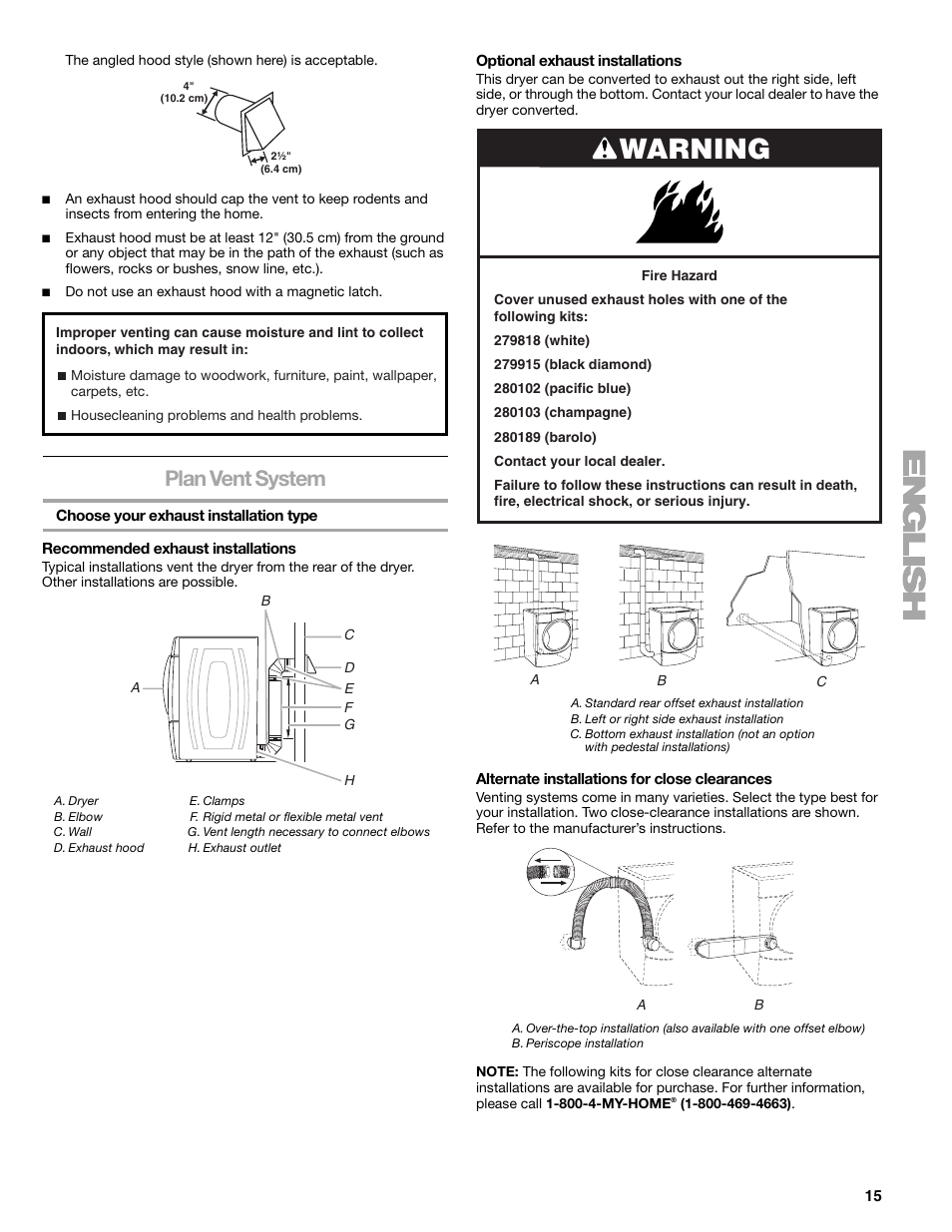 Warning, Plan vent system | Kenmore ELITE HE5 110.8708 User Manual | Page 15 / 56