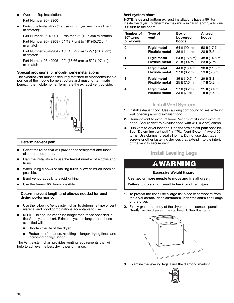 Warning, Install vent system, Install leveling legs | Kenmore ELITE HE5 110.8708 User Manual | Page 16 / 56