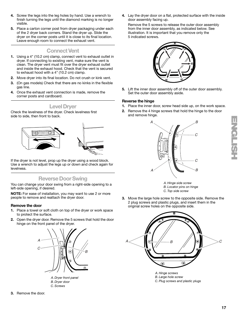 Connect vent, Level dryer, Reverse door swing | Kenmore ELITE HE5 110.8708 User Manual | Page 17 / 56