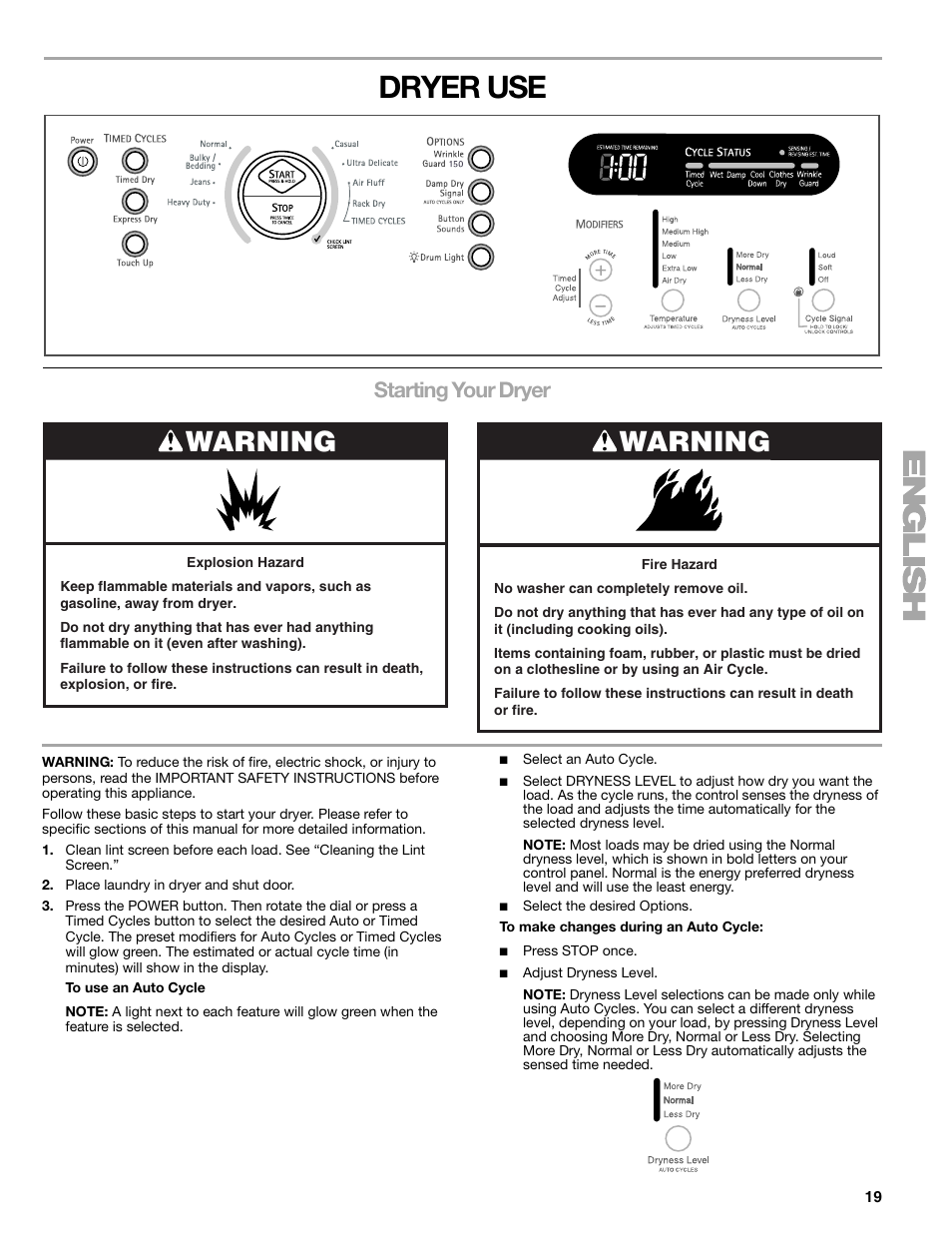 Dryer use, Warning, Starting your dryer | Kenmore ELITE HE5 110.8708 User Manual | Page 19 / 56