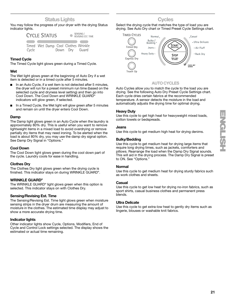 Status lights, Cycles | Kenmore ELITE HE5 110.8708 User Manual | Page 21 / 56