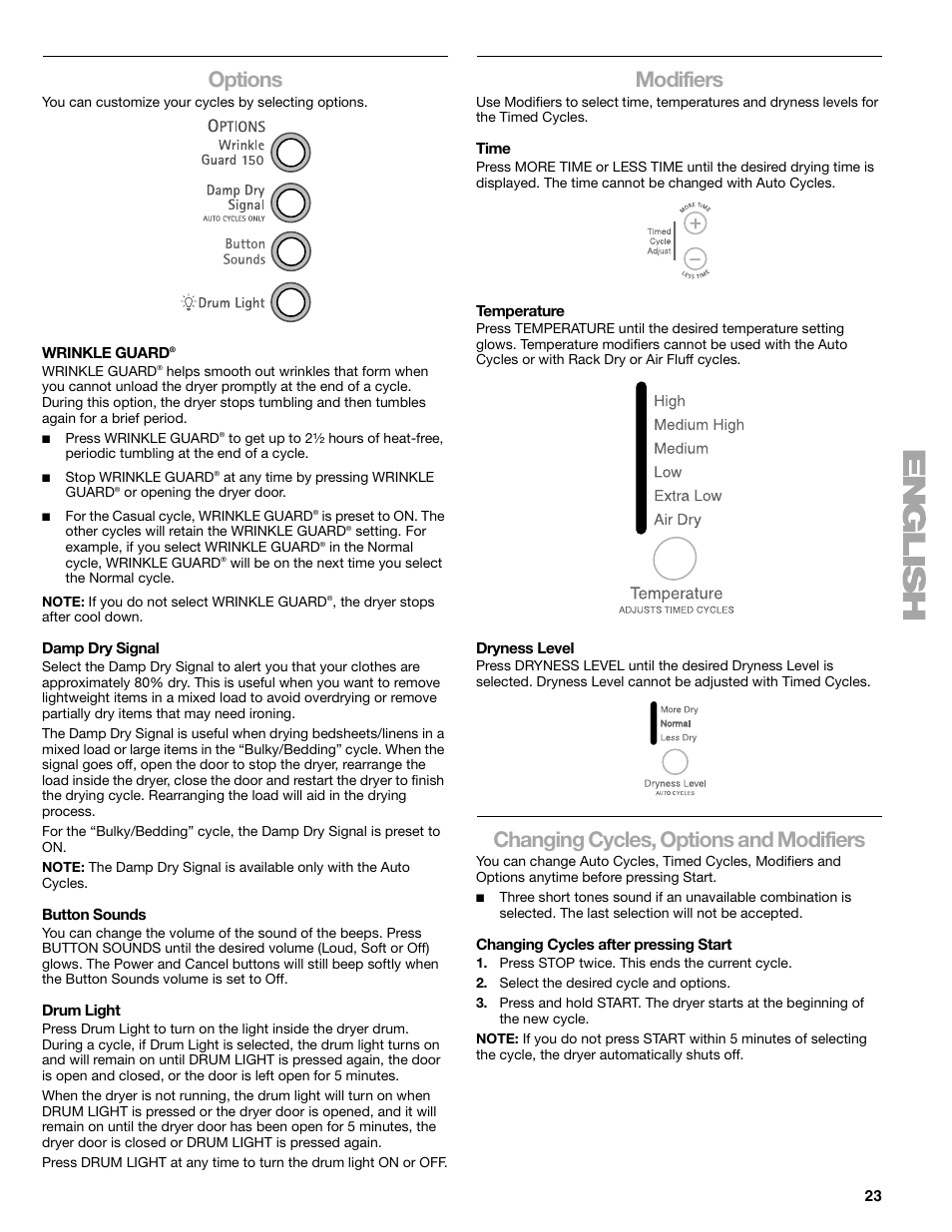 Options, Modifiers, Changing cycles, options and modifiers | Kenmore ELITE HE5 110.8708 User Manual | Page 23 / 56